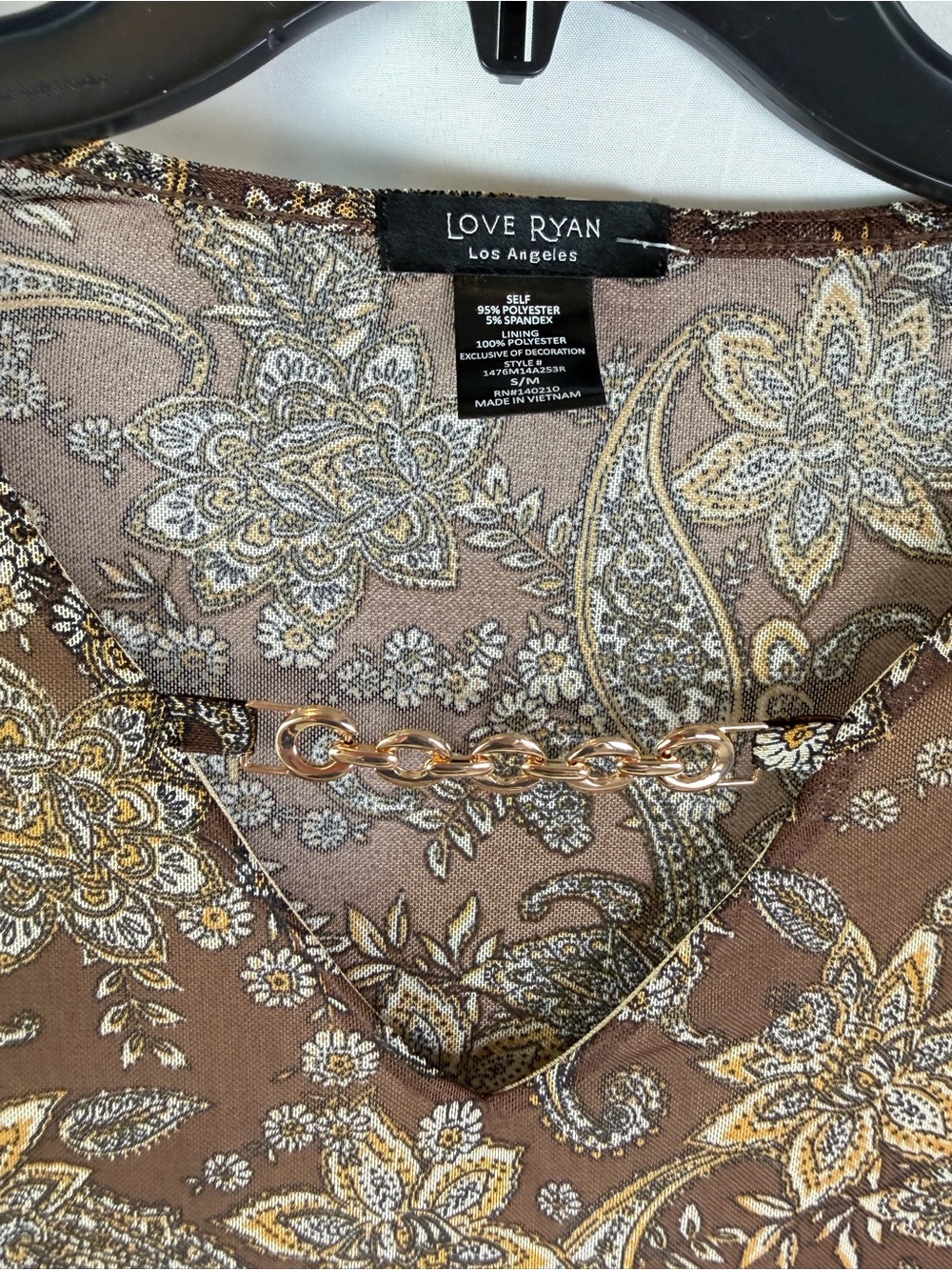 Love Ryan Los Angeles Brown Paisley Floral Chain Neck Blouse S Boho Career Top - Picture 2 of 3